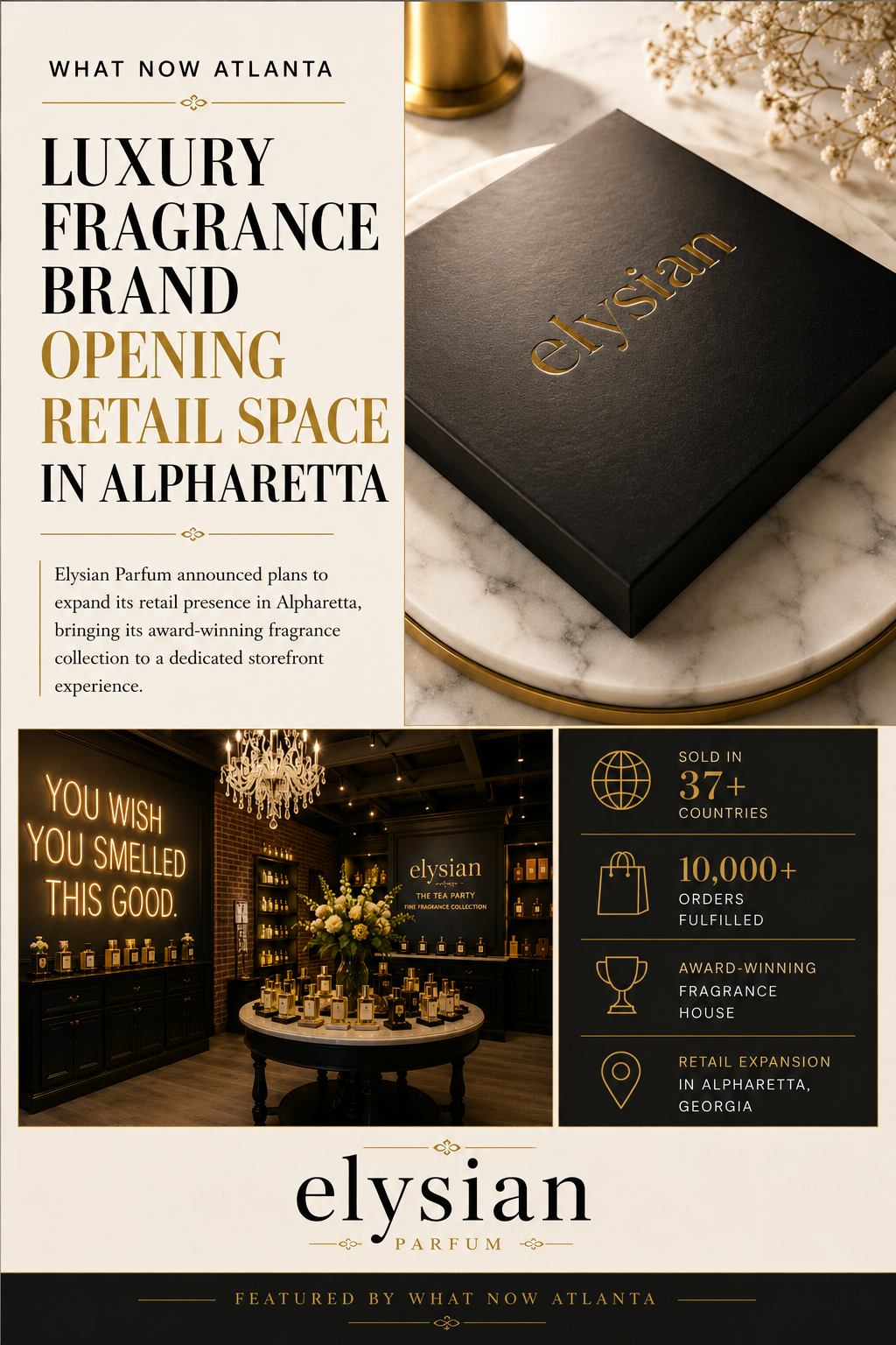 Elysian Parfum packaging and interior design with text about a luxury fragrance brand opening a retail space in Alpharetta.