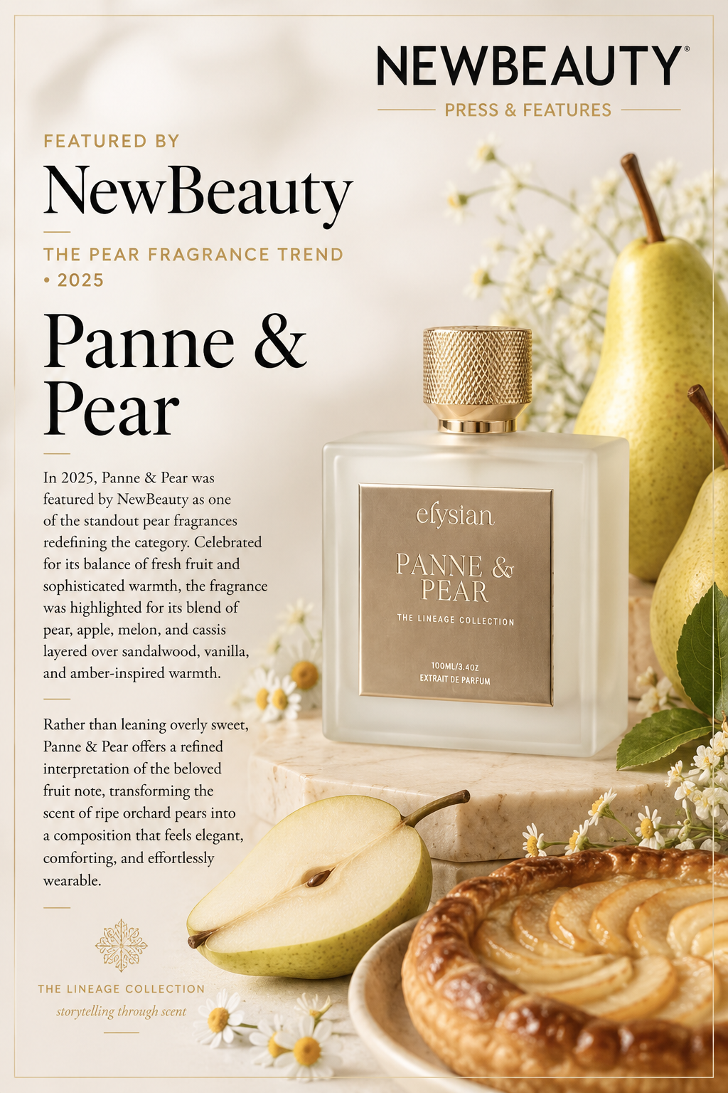 Elystan Panne & Pear perfume bottle with pears and a pie on a NewBeauty magazine cover.