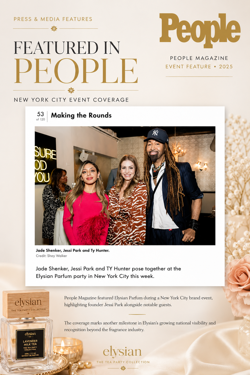 People Magazine cover featuring a New York City event with Elysian Parfum branding.