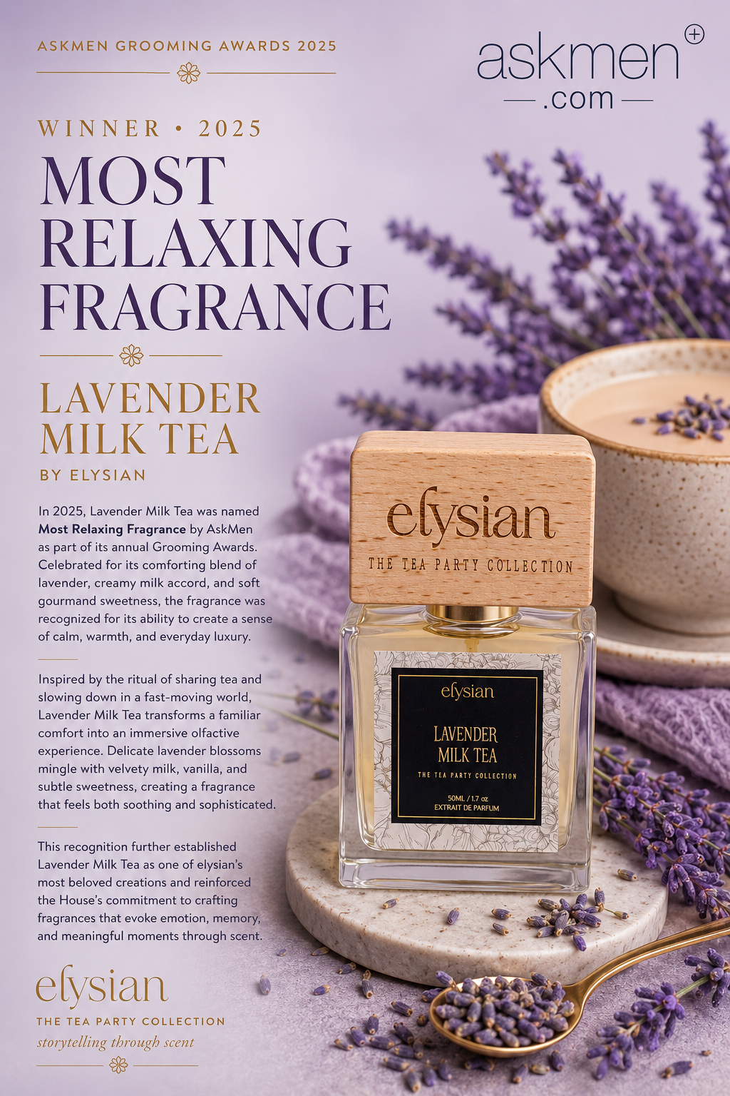 Elysian Lavender Milk Tea fragrance bottle with lavender and tea cup on a textured surface, featuring Askmen Grooming Awards 2023 text.