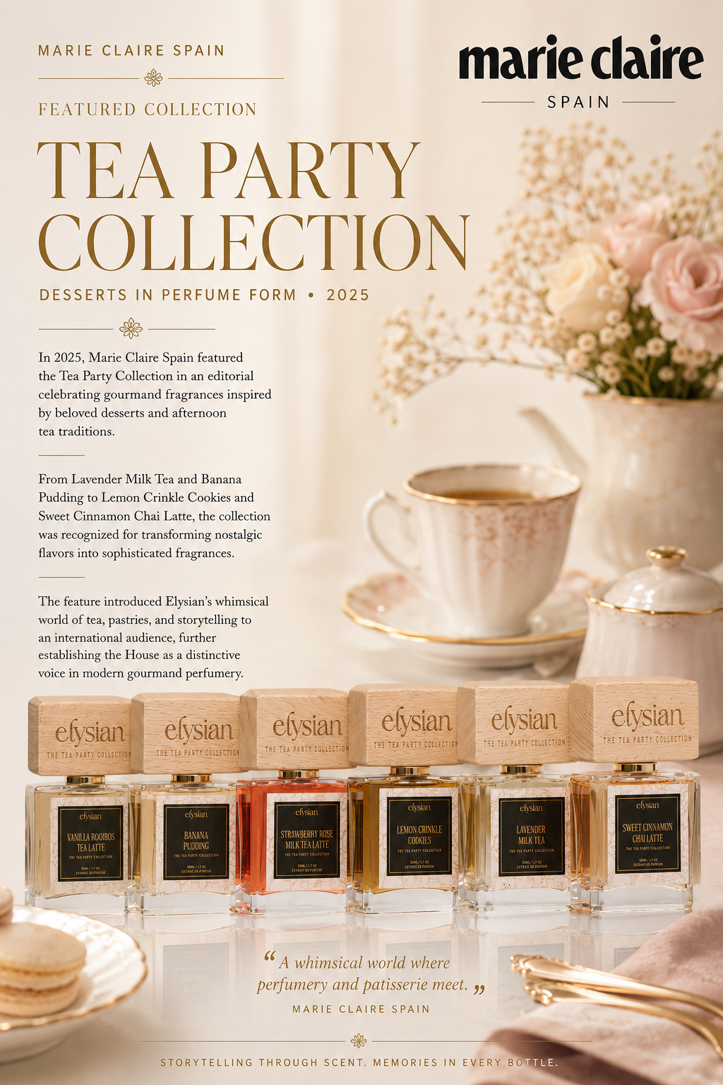 Tea party-themed perfume collection with Marie Claire Spain branding.