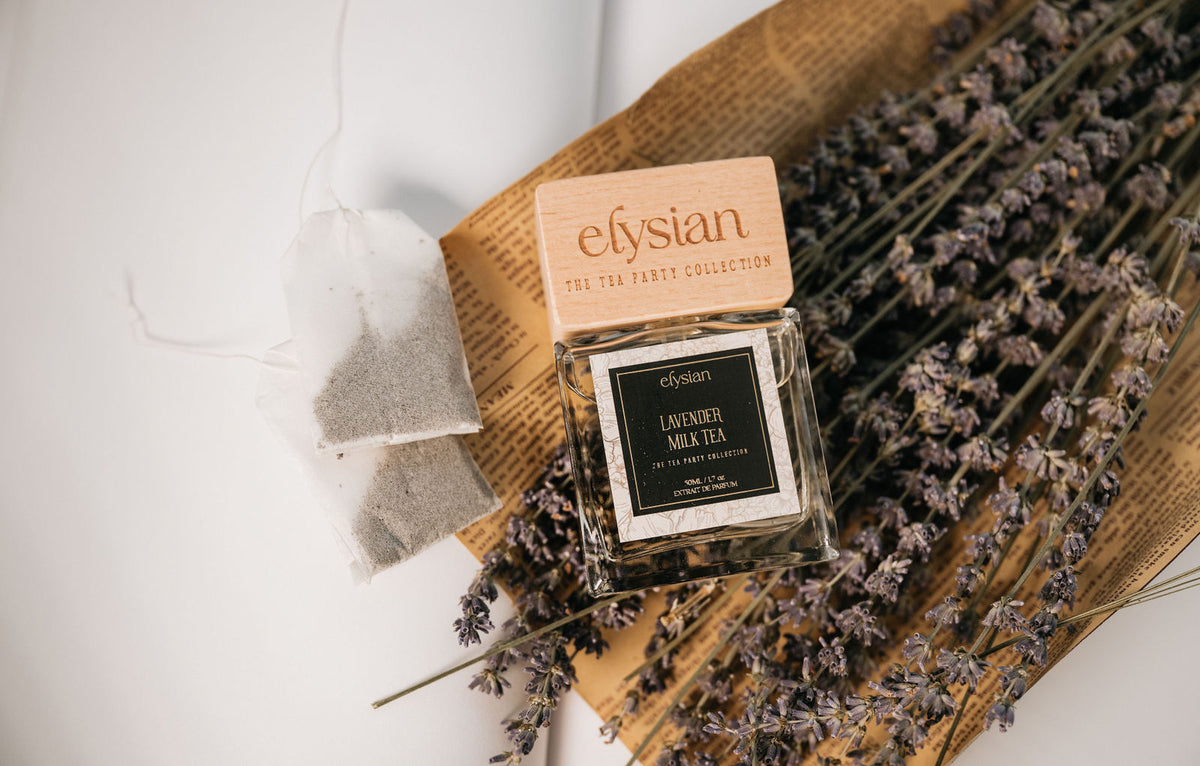 Lavender Milk Tea resting on dried lavender